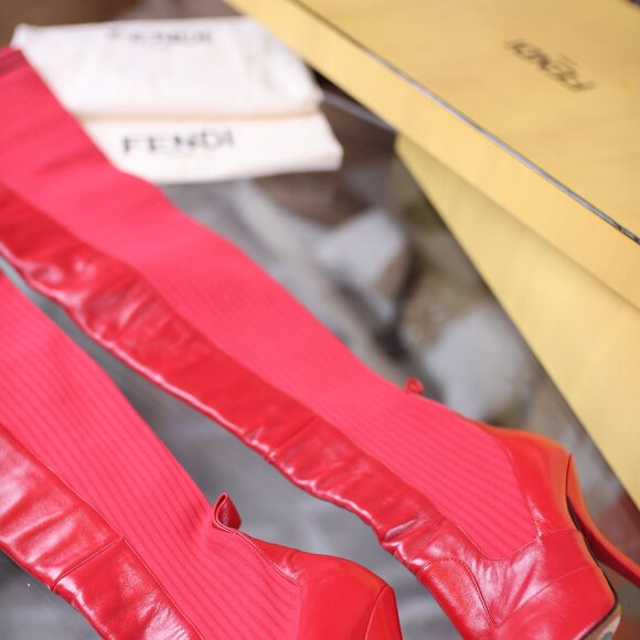 FENDI Rockoko 100mm Thigh-High Boots Red - Picture 5 of 16